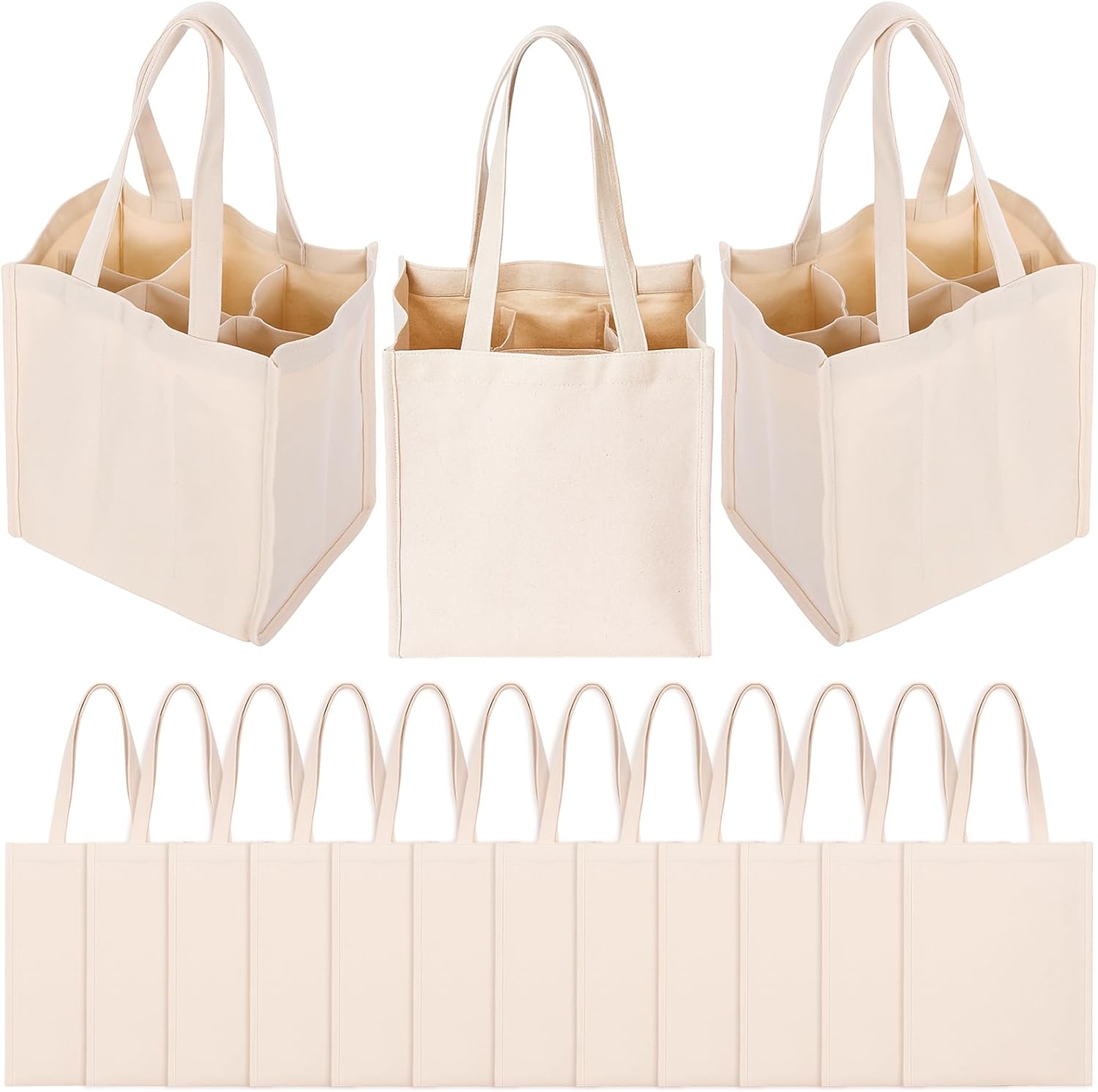 Berlune 12 Pcs Reusable 6 Bottle Wine Tote Bag with Divider Canvas Washable Portable Wine Carrier Tote Sturdy Bag for Grocery Bottle Carrier Holder for Travel Camping Picnic