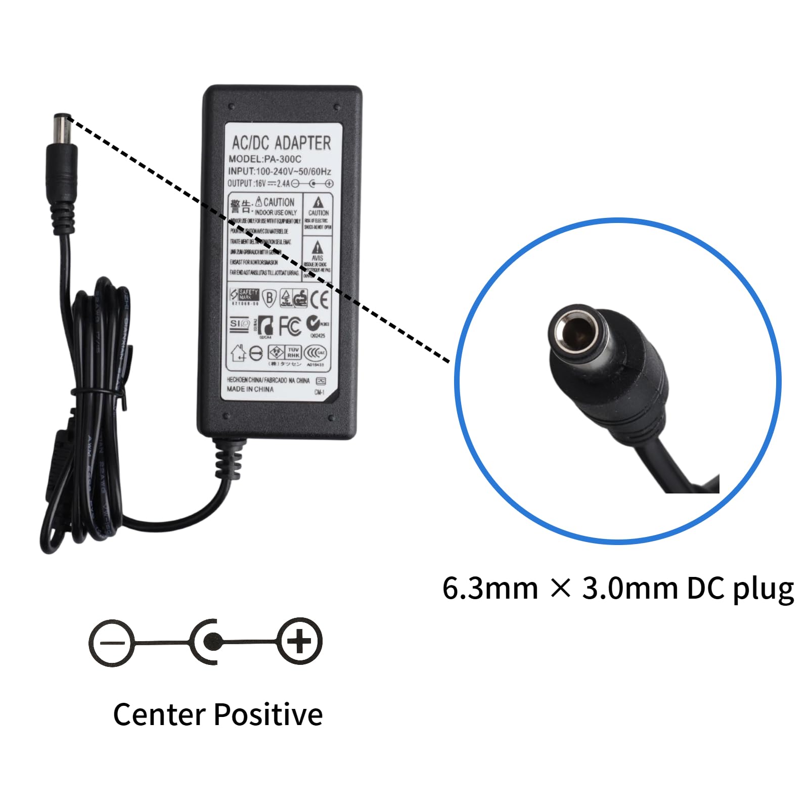 Adaptador Alimentación Cargador 16V 2,4A Recambio Compatible con Yamaha PA-300 PA-300B PA-300C PA-301, Teclado Piano PSR-S500 PSR-S700 PSR-S900 PSR-1000 PSR-1500 AW1600 Motif-Rack