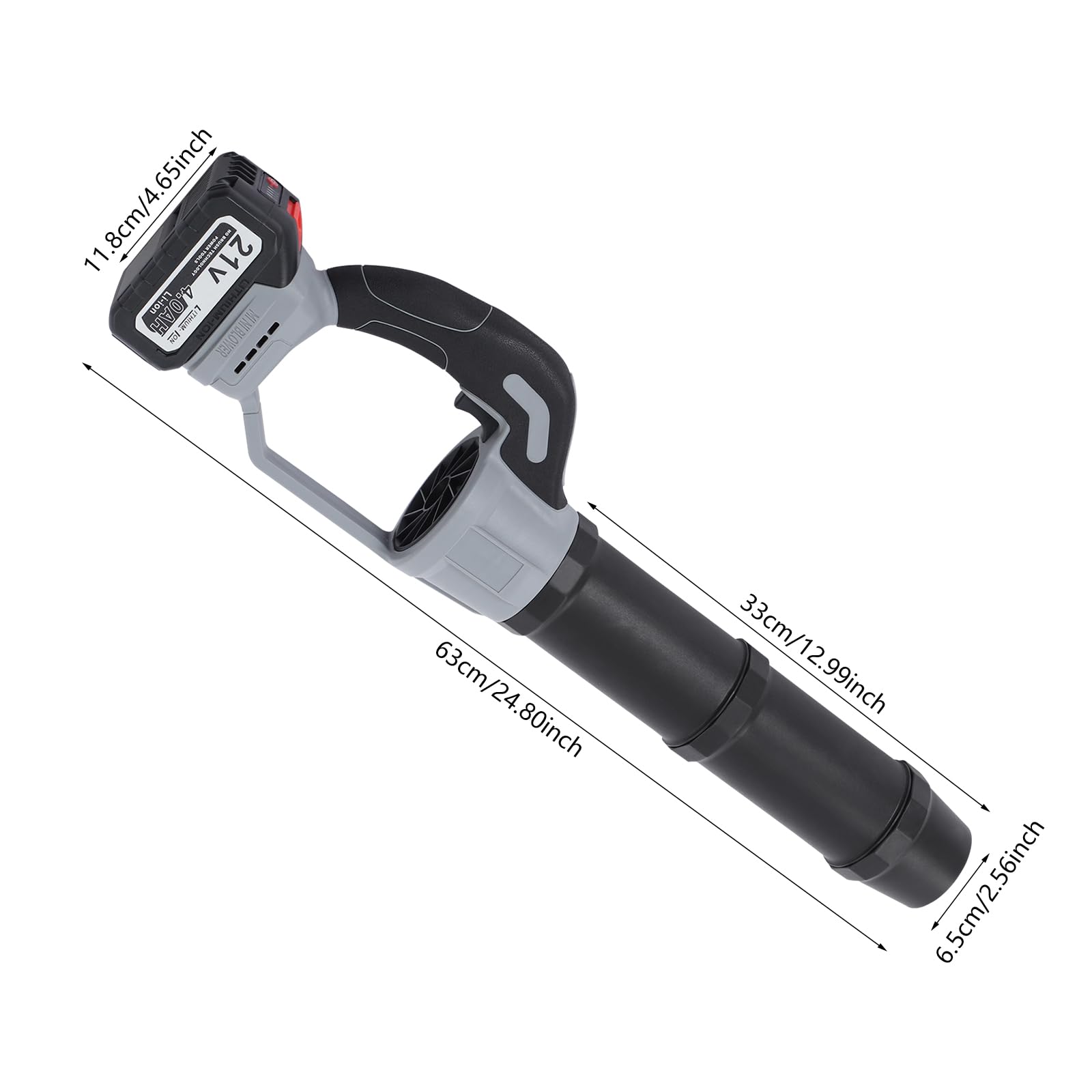 Soffiatore a batteria da 21 V con motore a spazzole, spina UE, velocità del vento 50 m/s, soffiatore in plastica in nero e grigio, assemblabile, per foglie, polvere, acqua e neve sottile, ideale per