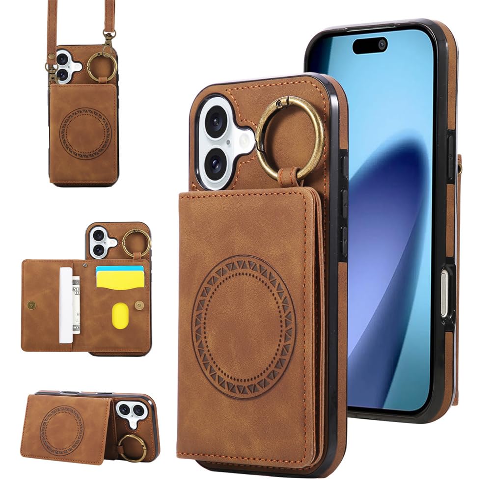 Étui portefeuille magnétique pour iPhone 16e antichoc marron - 8