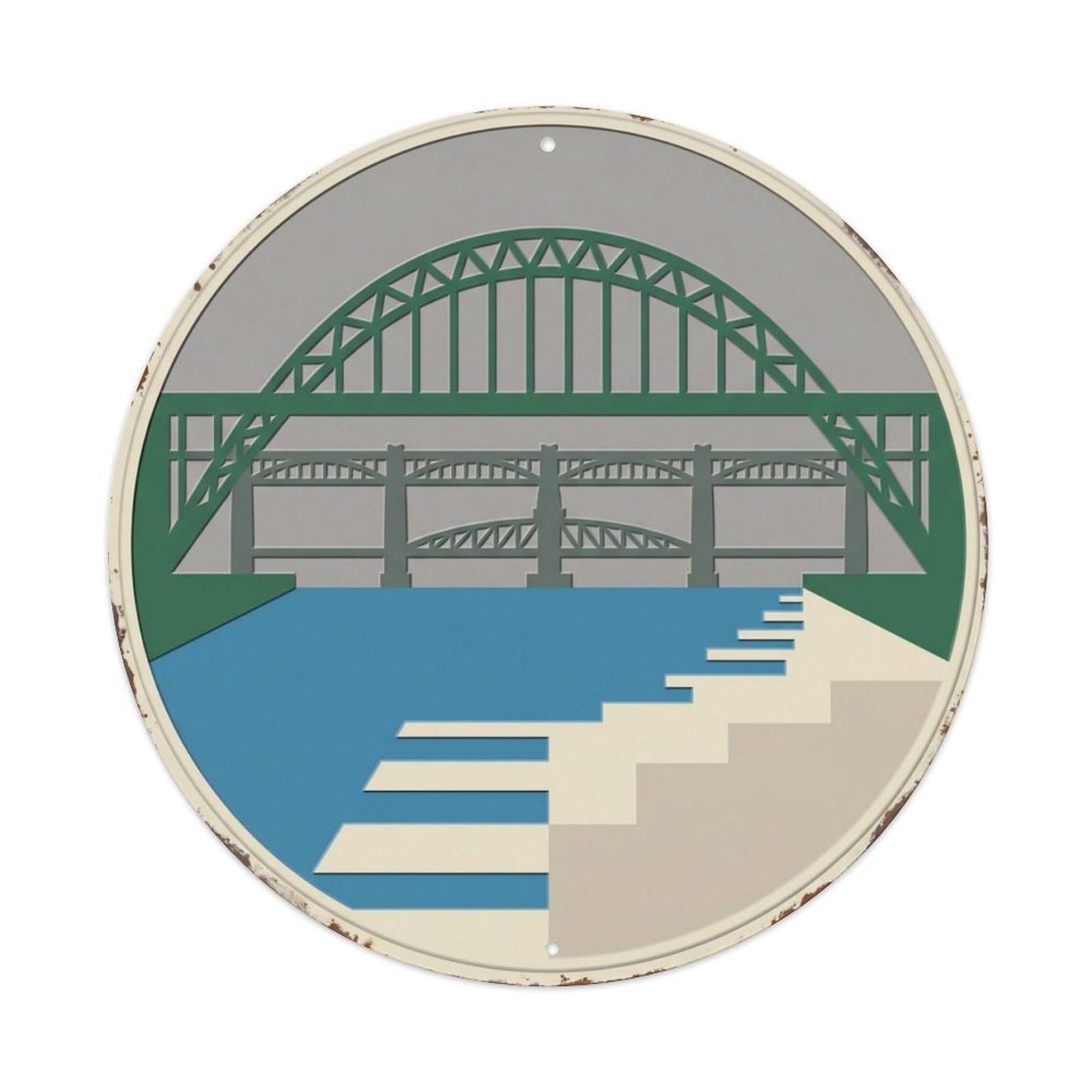 Newcastle Layered Bridge Travel Metal Tin Sign Plaque Wall Decor for Cafe, Club Bar, Office, Home Garden Round Metal Poster 8x8Inch