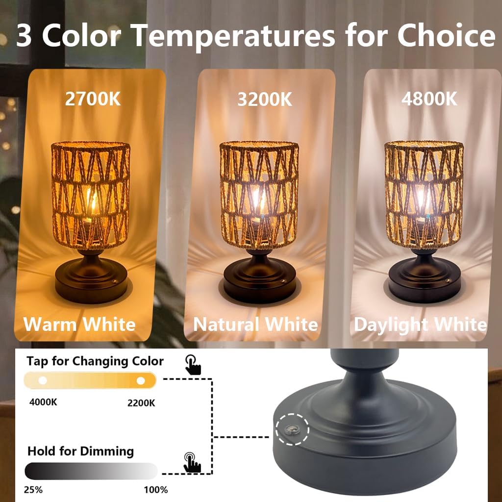 Set of 2 Cordless Rechargeable Table Lamps Night Light Desk Lamp, Battery Operated Farmhouse Table Lamp Boho Rattan Shade w/Blub Stepless Dimmable for Outdoor Patio Living Room Bedroom
