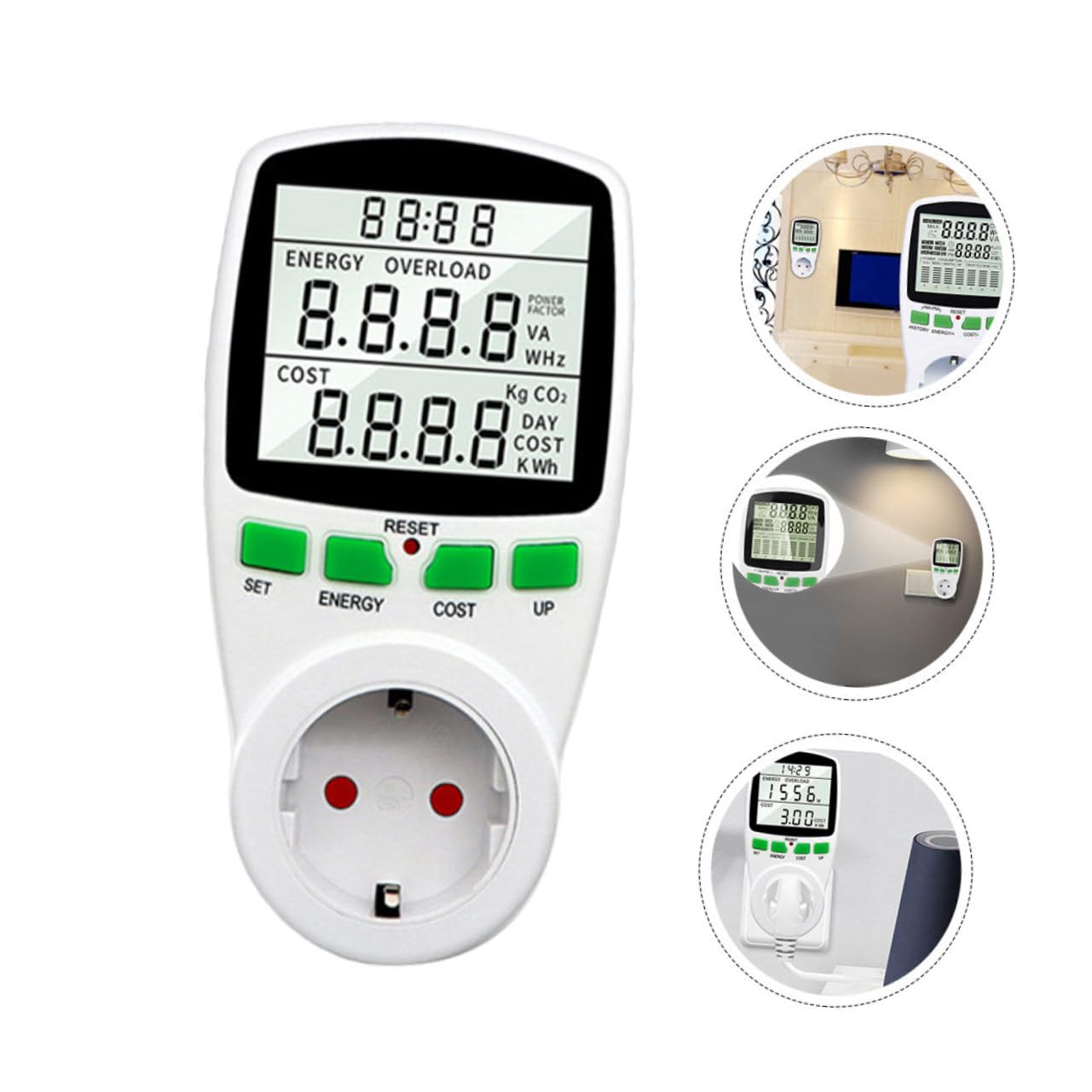 Misuratore di Consumo Elettrica con Display Lcd Digitale Ac230v | Max 16a, 50hz, Abs Bianco, Consumo 0, 5w, Lettura Retroilluminata, Uso Semplice