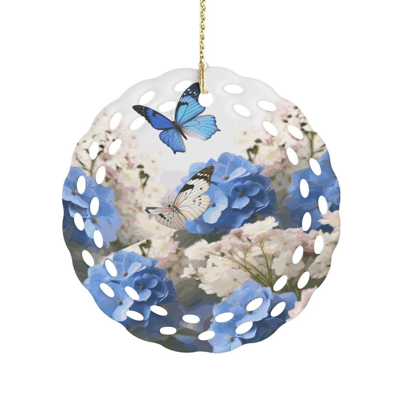 Btcowzrv Style Hydrangeas Daisies Butterflies Ceramic Ornament,Round Ornaments With Hole Easy To Hang,Hanging Ornament For Wedding Party Home Window Garden Christmas Day Decor