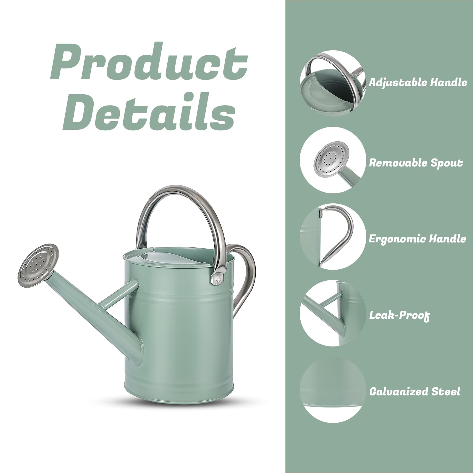 Annaffiatoio per piante da 1 gallone, annaffiatoio per giardinaggio interno ed esterno, vaso in acciaio zincato con beccuccio rimovibile, lattina in metallo con manico ergonomico mobile (verde crema)