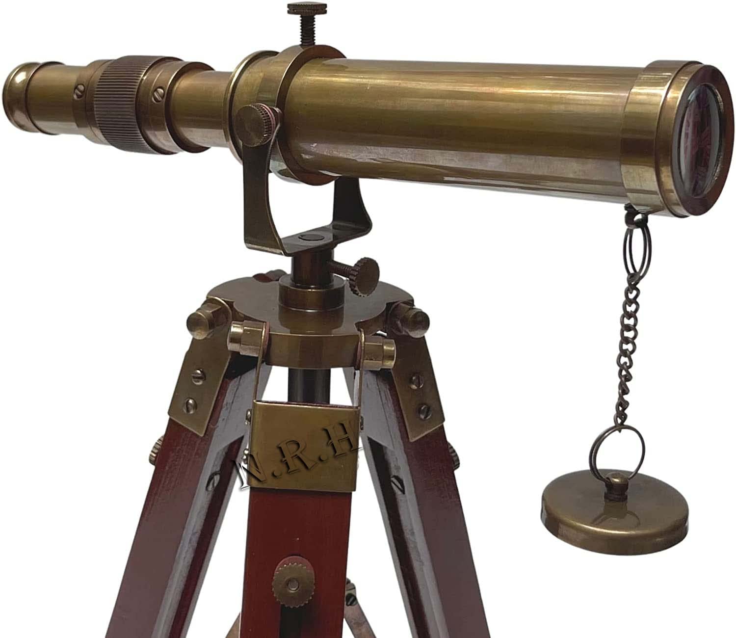 Telescopio de trípode de latón marino antiguo de 10 pulgadas con soporte de trípode ajustable