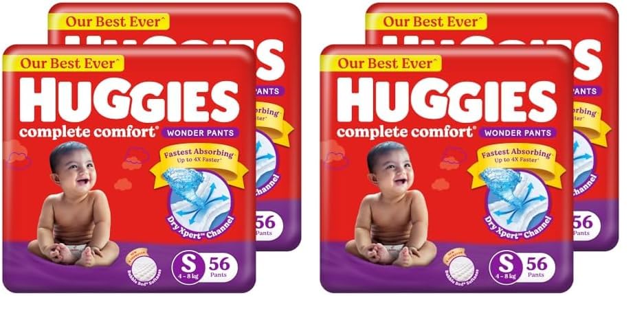 Image of Huggies Complete Comfort Wonder Pants | Pant Style Baby Diapers S Size, 112 Count | India's Fastest Absorbing Diaper, Patented Dry Xpert Channel, Ideal for 4 to 8 Kgs (Pack of 2)