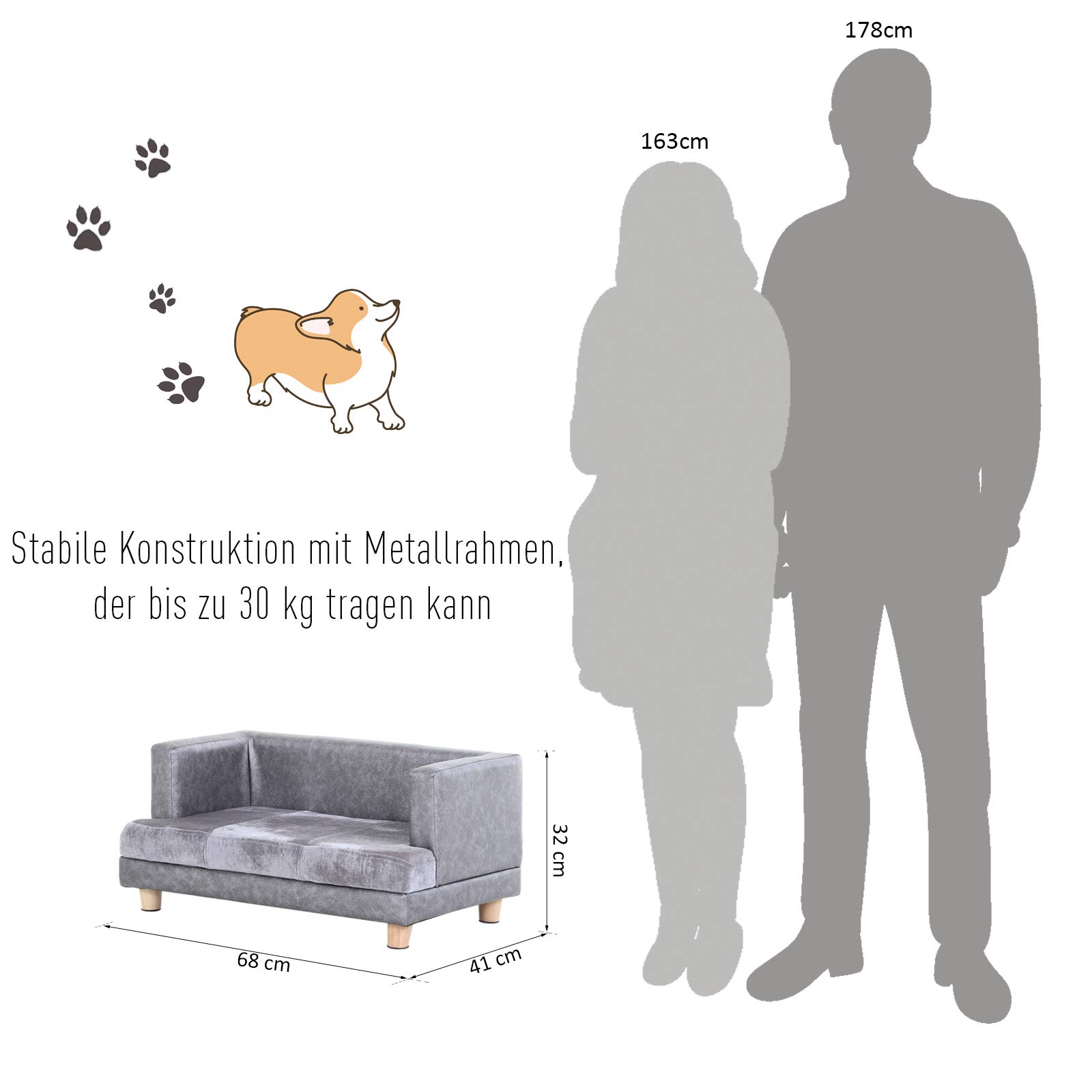 PawHut Hundesofa, Haustiersofa, Hundebett, Hundematte, Kunstleder, Kurzplüsch, Grau, 68 x 41 x 32 cm