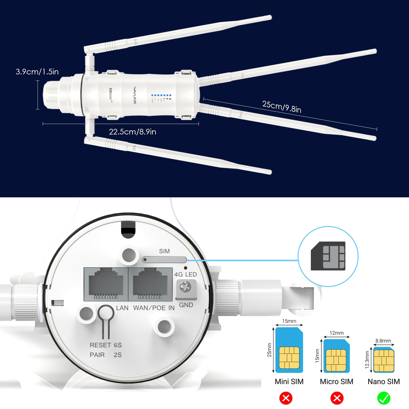 Ripetitore WiFi Esterno Potente Wavlink AC1200 4G LTE Dual Band Alta Potenza con Antenna Lunga Portata 7dBi e Slot SIM - Amplificatore WiFi Outdoor PoE per Copertura Estesa Fino a 200m