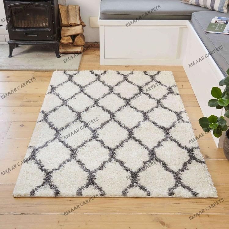 Image of Super Ultra Modern Soft Shaggy Handcrafted Anti-Skid Silk Touch Carpet, Size 12x12 Feet, Color White & D Grey