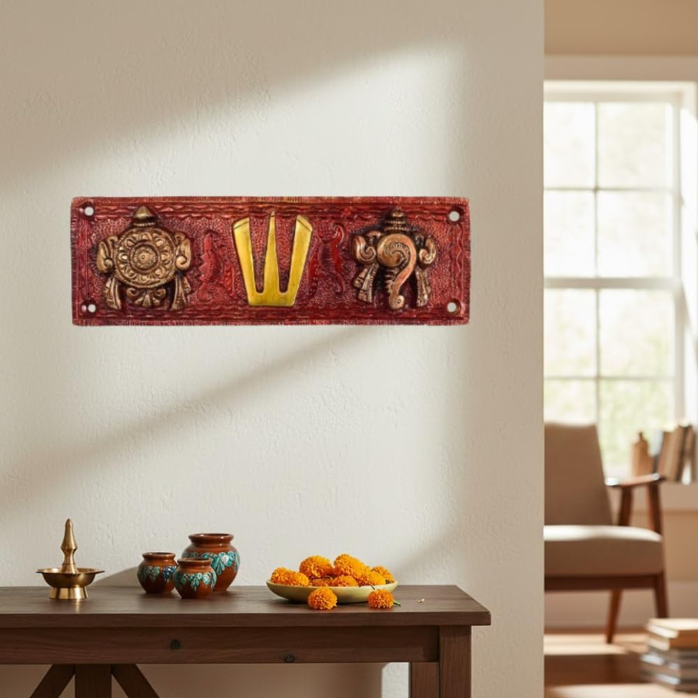 Traditional Hindu Trishul Wall Hanging Decor, Red Wooden Plaque with Gold Accents, Handcrafted Religious Artwork for Home Temple 3 * 8 * 1 inches
