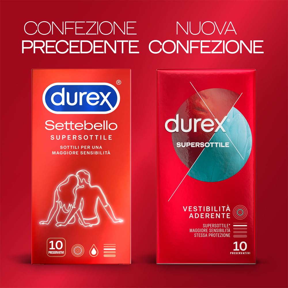 Durex SuperSottile, Preservativi Ultra Sottili Vestibilità Aderente, 100 Preservativi, 10 confezioni da 10 Profilattici