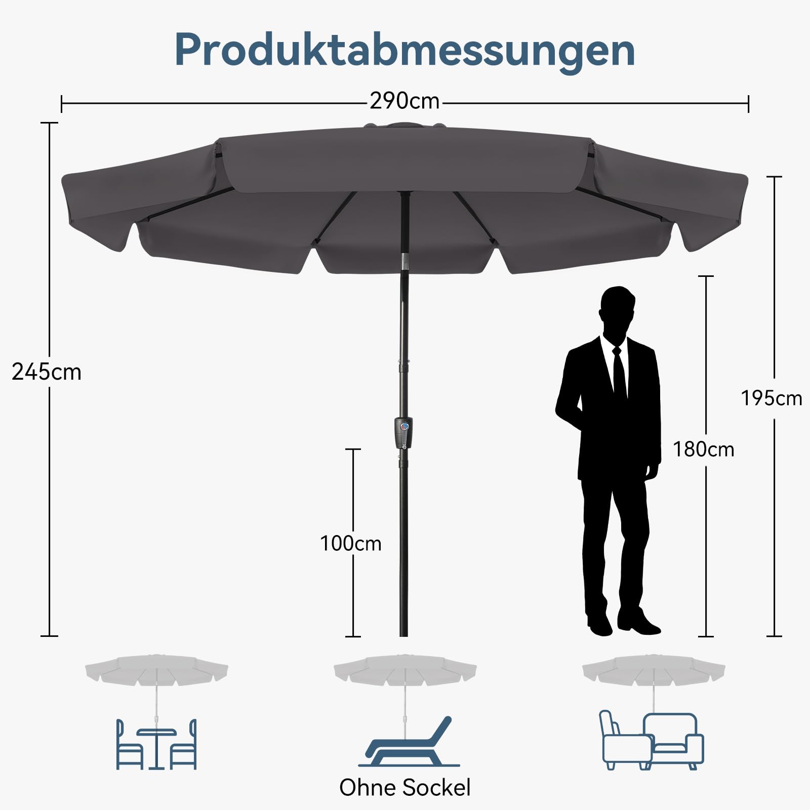 Sonnenschirm Balkon 300 cm Gartenschirm mit Kurbel Sonnenschutz UV-Schutz Wasserabweisend Marktschirm mit Volant Beidseitig Knickbar höhenverstellbar für Garten Terrasse Ohne Ständer