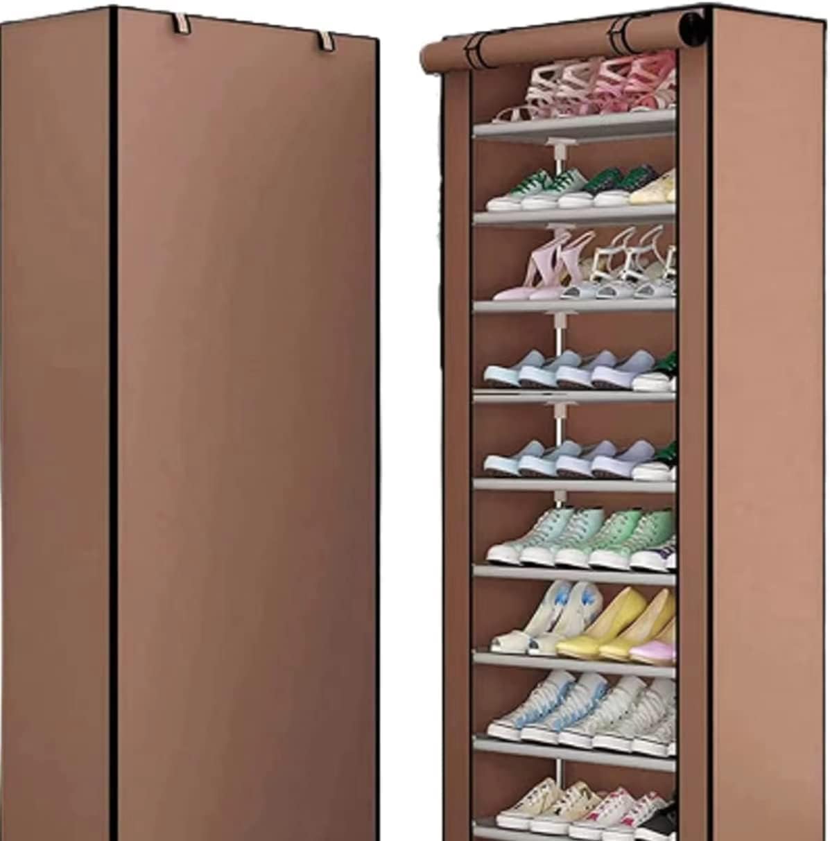 SKY-TOUCH 9-Tier Shoe Rack Canvas Shoe Storage Cabinet for 45 Pairs Shoes, Shoe Rack Standing for Living Room, Hallway, Shoe Organiser with Dustproof Cover, 153x58x29cm Brown,Dustproof