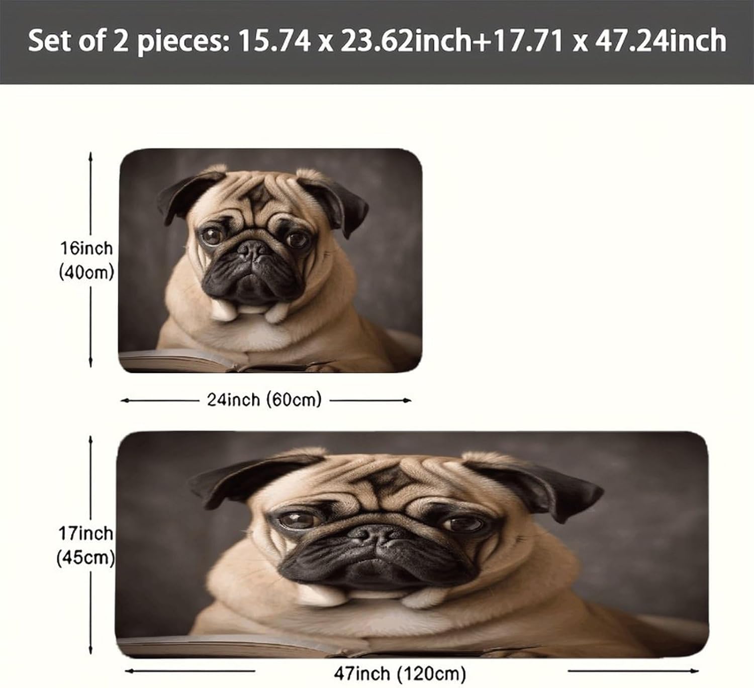 Animal Pug Dog Kitchen Mat Washable Non Slip Rugs Soft Kitchen Mats for Floor Set of 2 PCS Cushioned Absorbent Runner Standing Rugs for Home Sink Laundry Office