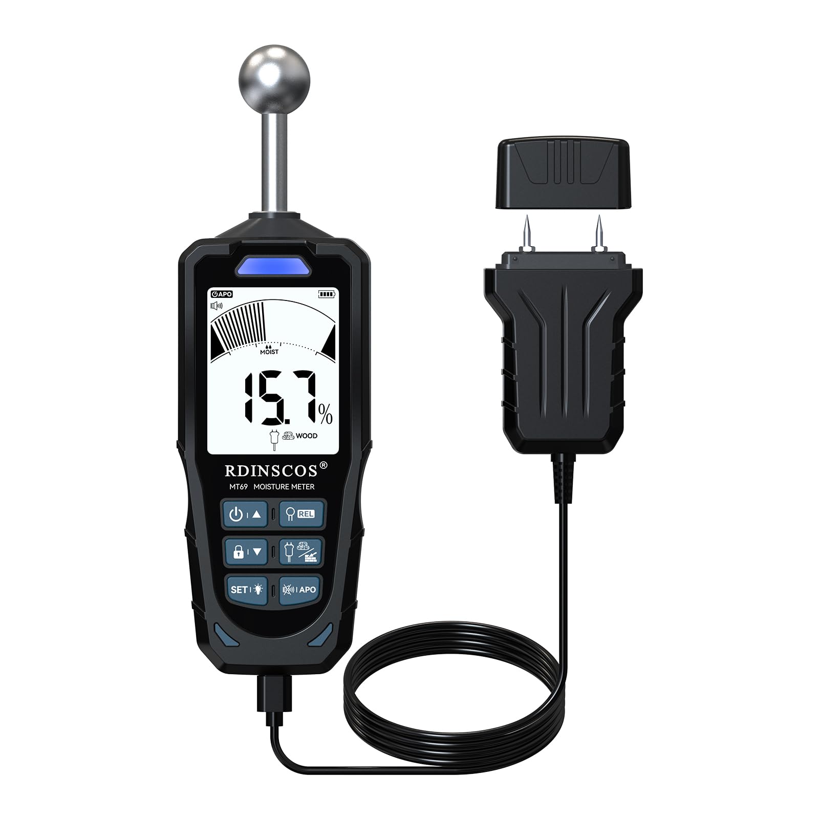 RDINSCOS Testeur Humidité 2 en 1 à Sondes Sphérique et à Aiguilles – Humidimètre pour Bois, Mur, Béton, Plâtre, Écran LCD, Détection 20-40 mm