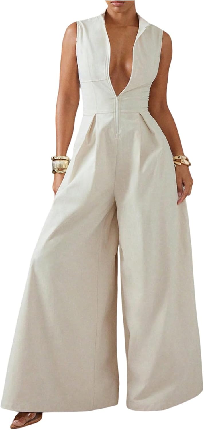 SOLY HUX Women's Zipper Front Wide Leg Jumpsuit Summer Mock Neck Sleeveless Elegant Romper