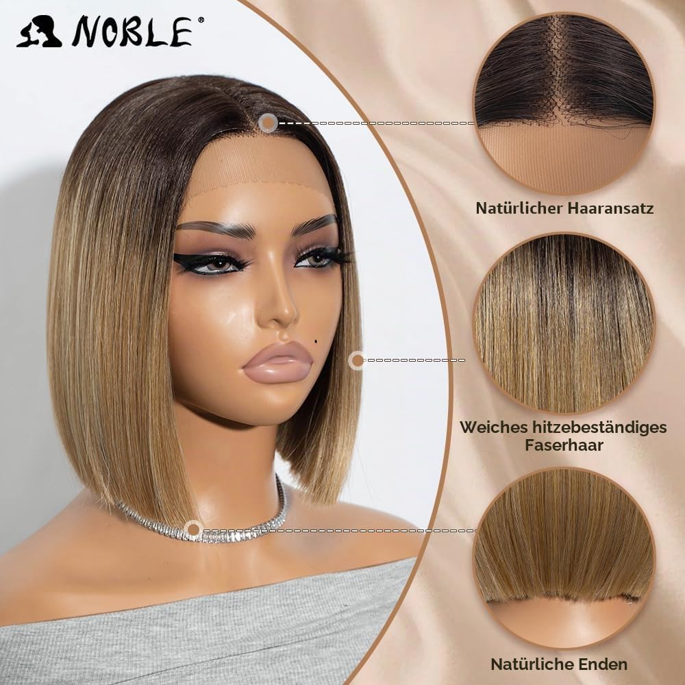 NOBLE Bob Perücken für Frauen Kurz T Teil HD Lace Front Perücken Ombre Braun Blond Synthetische Stumpf geschnitten Bob Lace Front Perücken für Party und Alltag 10 Zoll