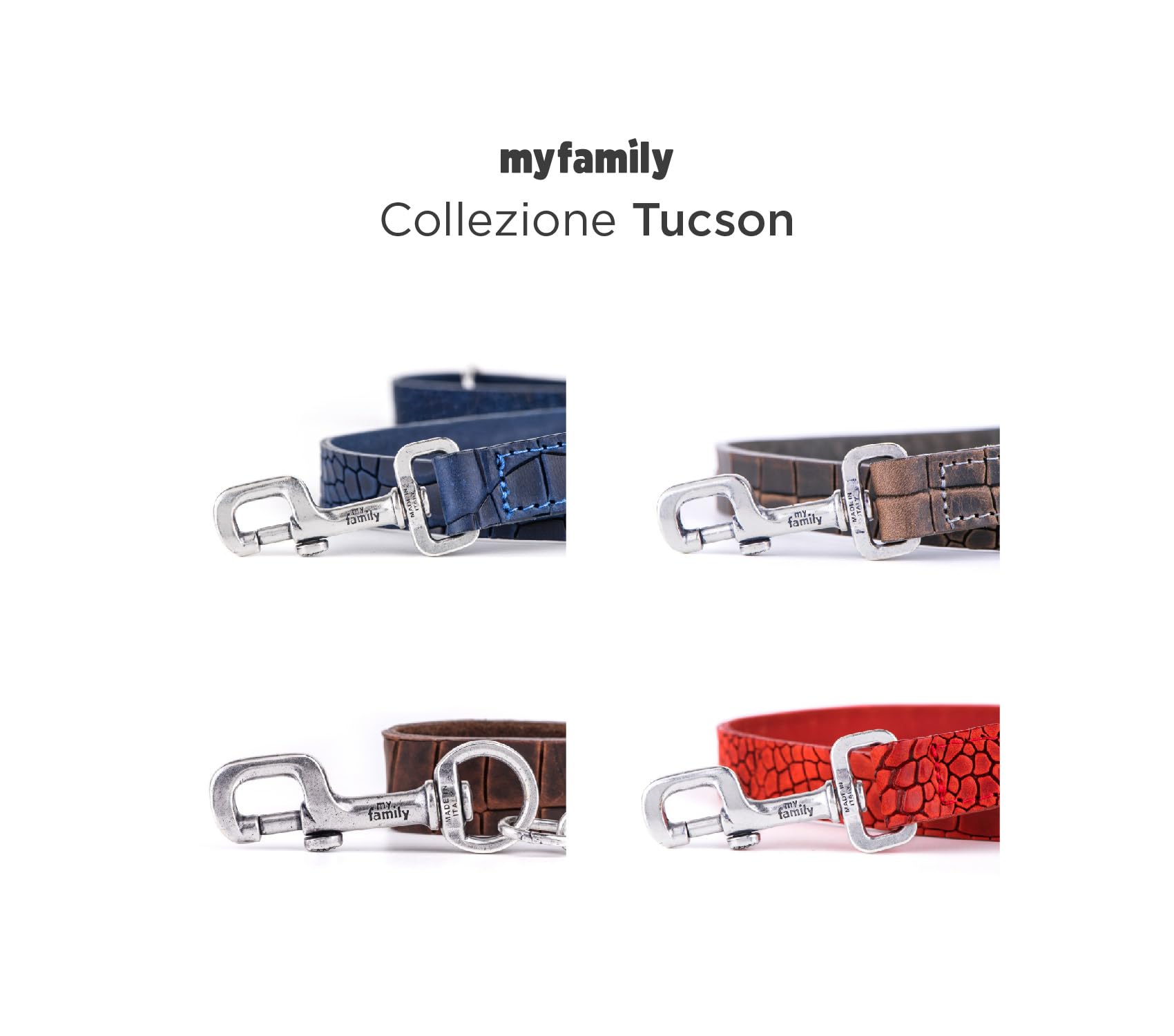 MyFamily Guinzaglio per Cane in Vera Pelle Italiana Made in Italy, Finiture Metalliche in Argento Antico, Pratico e Resistente, Fatto a Mano, Collezione Tucson