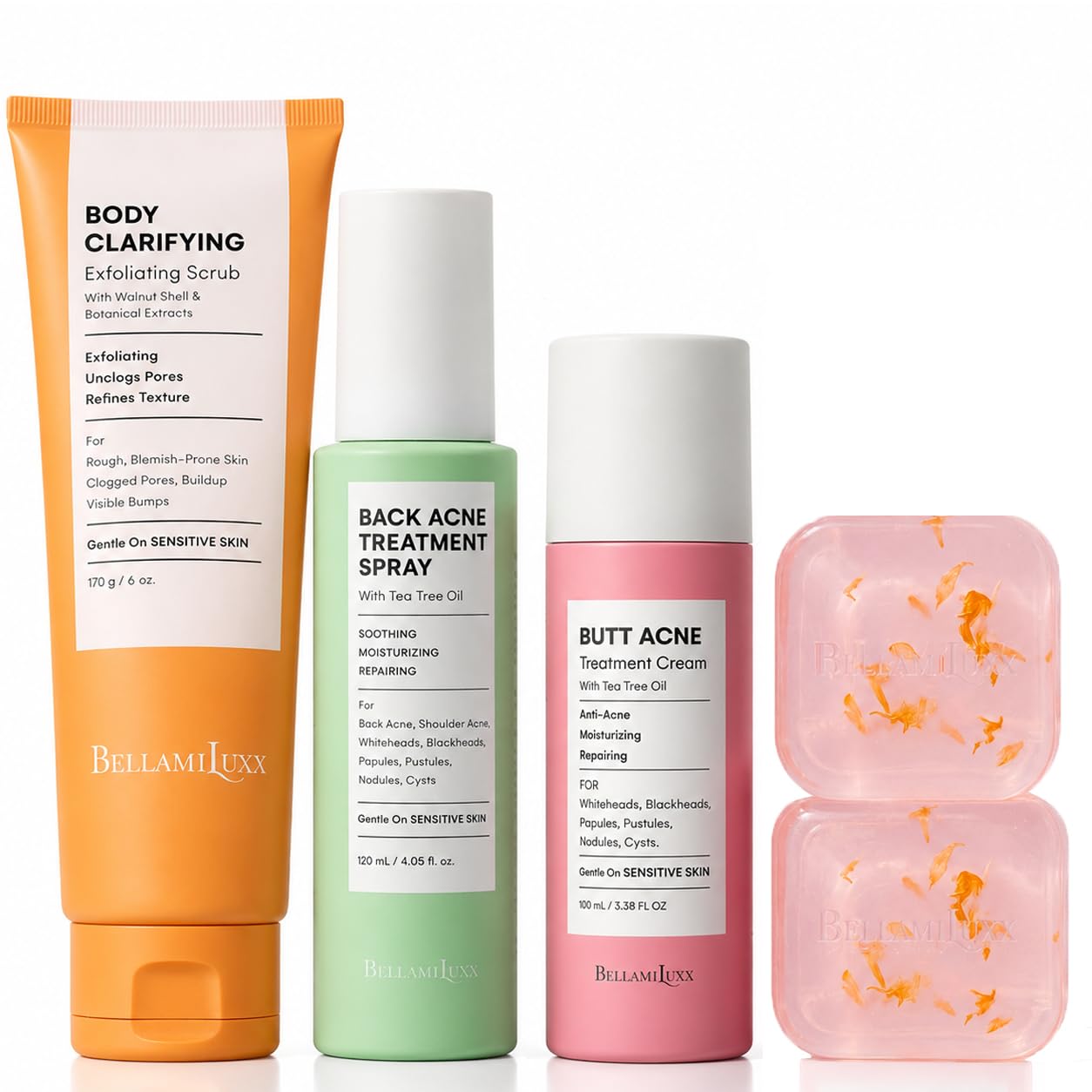 BellamiLuxx 4-Step Body Acne Clarifying Routine - scrubs and body treatments | Mubboo