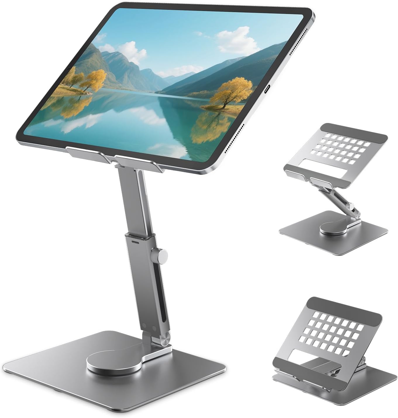 Product image of iPad Stand, Height Adjustable with 360 Rotating Base ipad stand Holder for Desk,Tablet Stand Aluminum Alloy Compatible with i Pad Pro 12.9 11 Air Mini 4 5, 4.7-14'' iPhone, iPad, Tablet and More