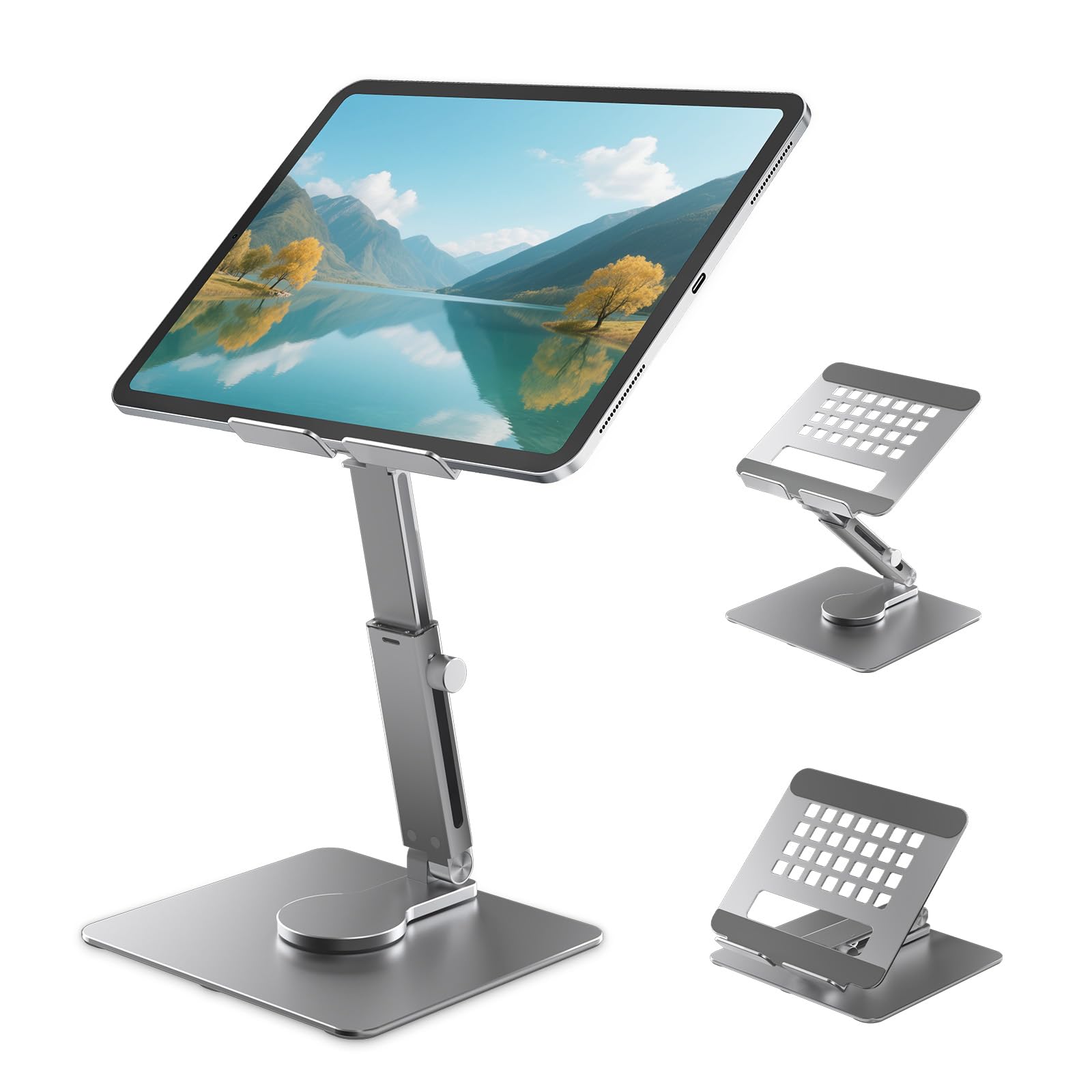 iPad Stand, Height Adjustable with 360 Rotating Base ipad stand Holder for Desk,Tablet Stand Aluminum Alloy Compatible with i Pad Pro 12.9 11 Air Mini