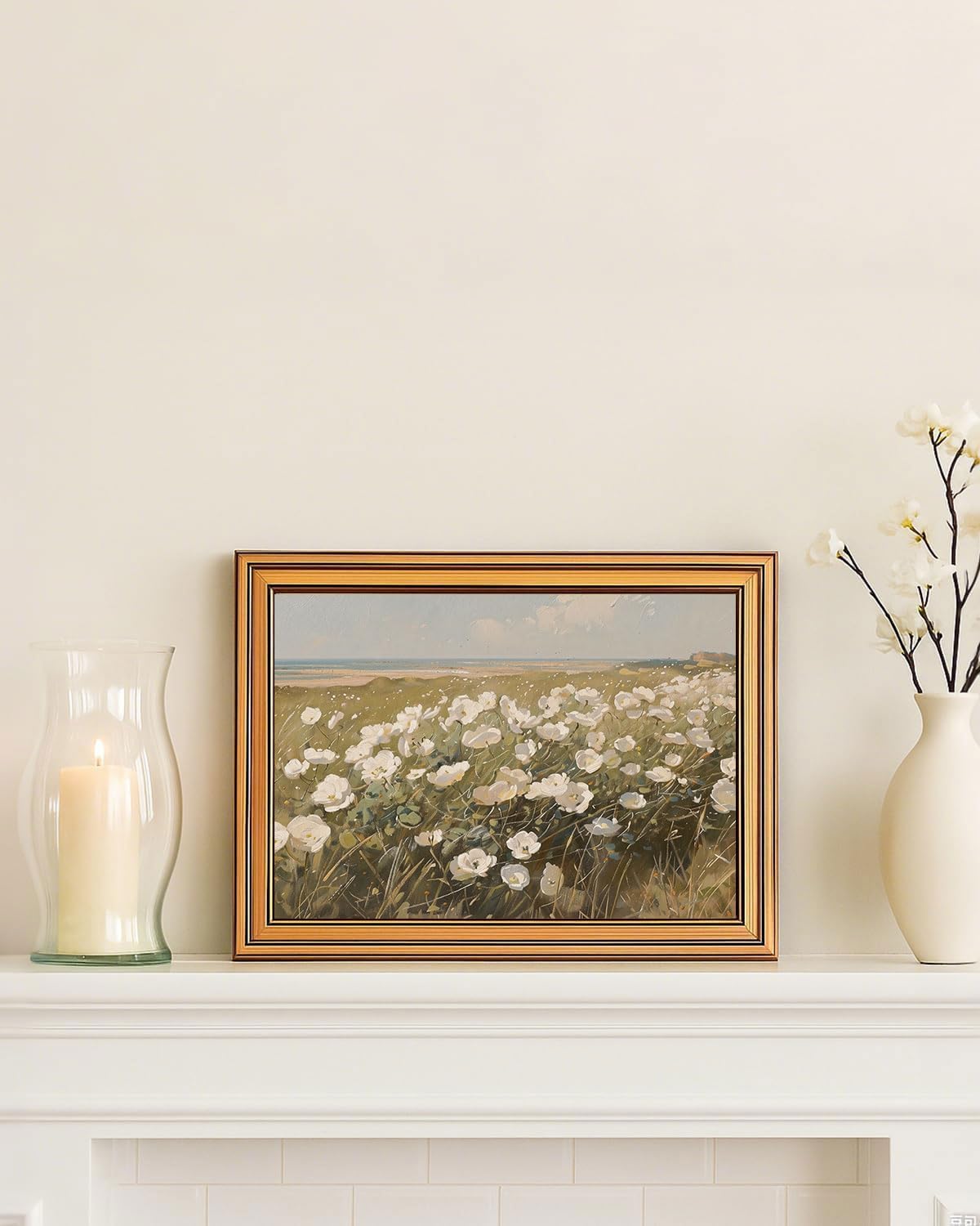 Gold Framed Wall Art Vintage Wildflower Canvas Art Farmhouse Floral Picture White Flower Wall Decor Antique Prints Rustic Paintings Landscape Artwork for Bedroom Living Room 12x16 Inch