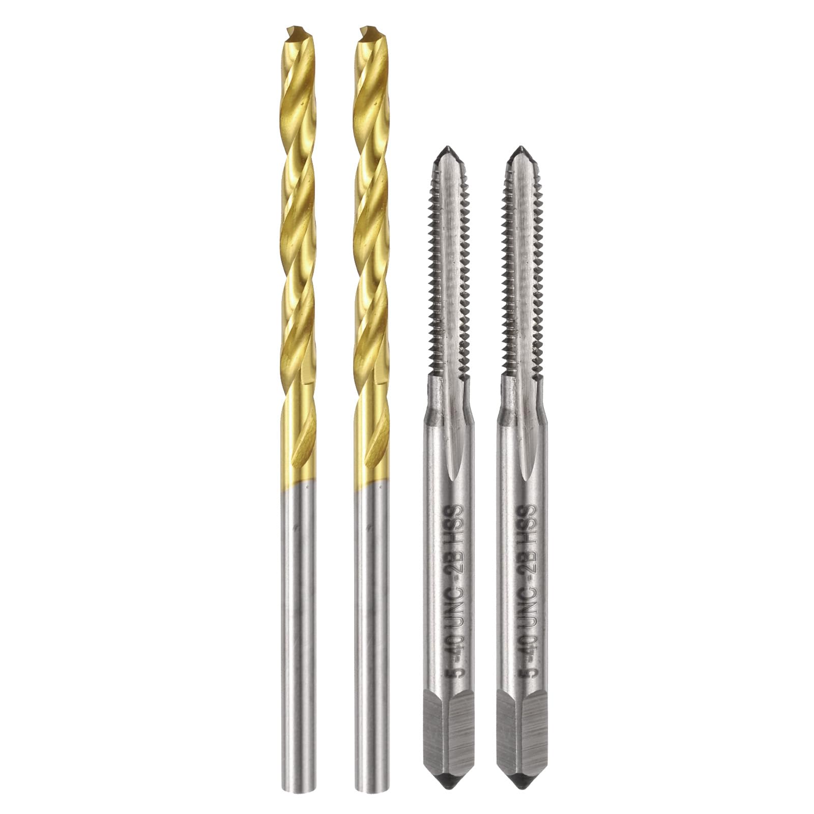 Set di maschi e punte da trapano, 2 maschi per filettatura a scanalatura dritta UNC 5-40 e 2 punte elicoidali da trapano da 2,6 mm rivestite in titanio, utensili per filettatura e maschiatura HSS65