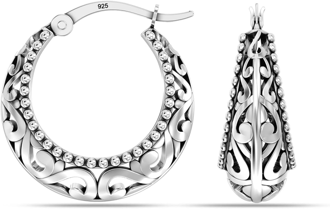Charmsy 925 Sterling Silver Hoop Earrings | Women's Filigree Hoop Earrings | Openwork Mesh Filigree Cut Earrings | Lightweight Hypoallergenic Vintage Hoop Earrings for Women