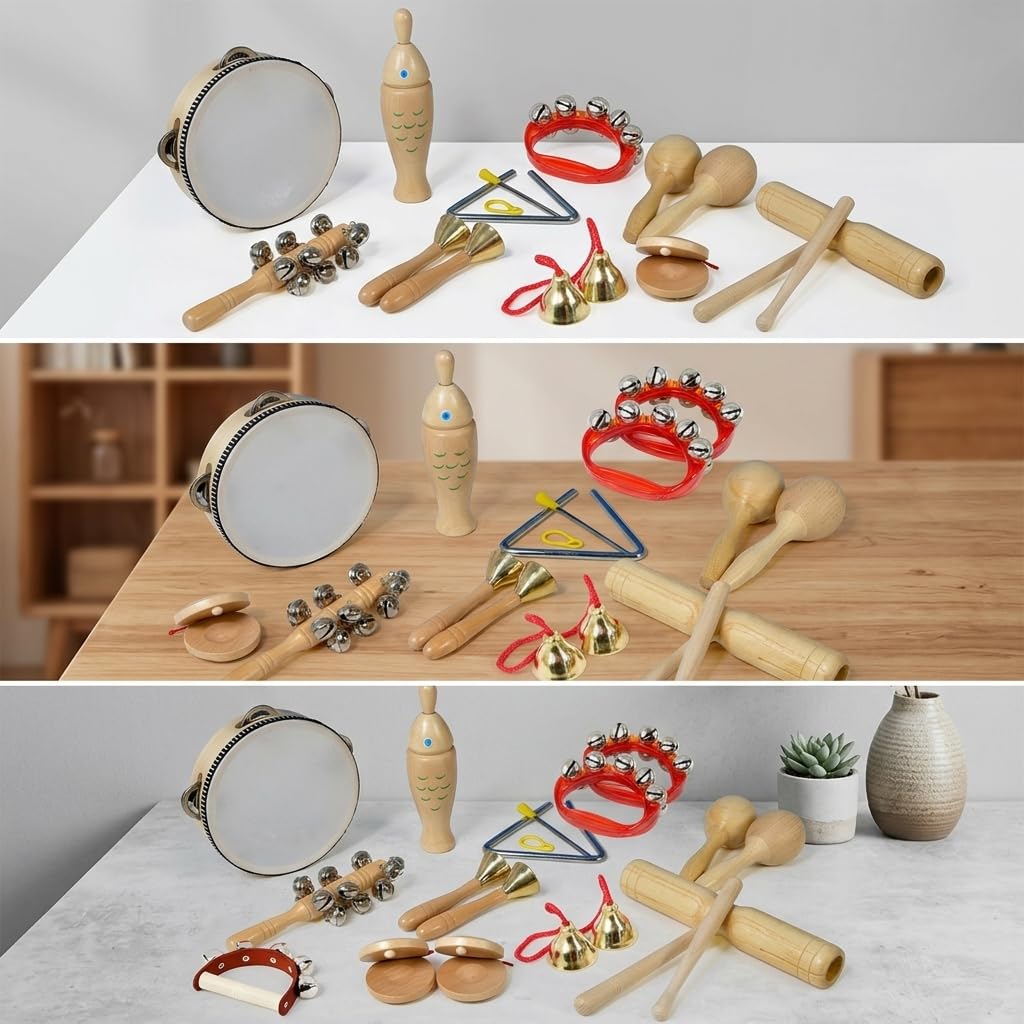 Set Instrumentos Musicales Madera Educativo para Niños 1 Año, Tambor Infantil, Regalo Niña 2 Años , Juego de 11 Instrumentos de enseñanza de Madera Original