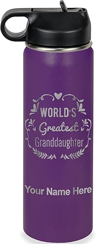 LaserGram Botella de agua de doble pared con tapa abatible de 20 onzas con popote, la nieta más grande del mundo, grabado personalizado incluido