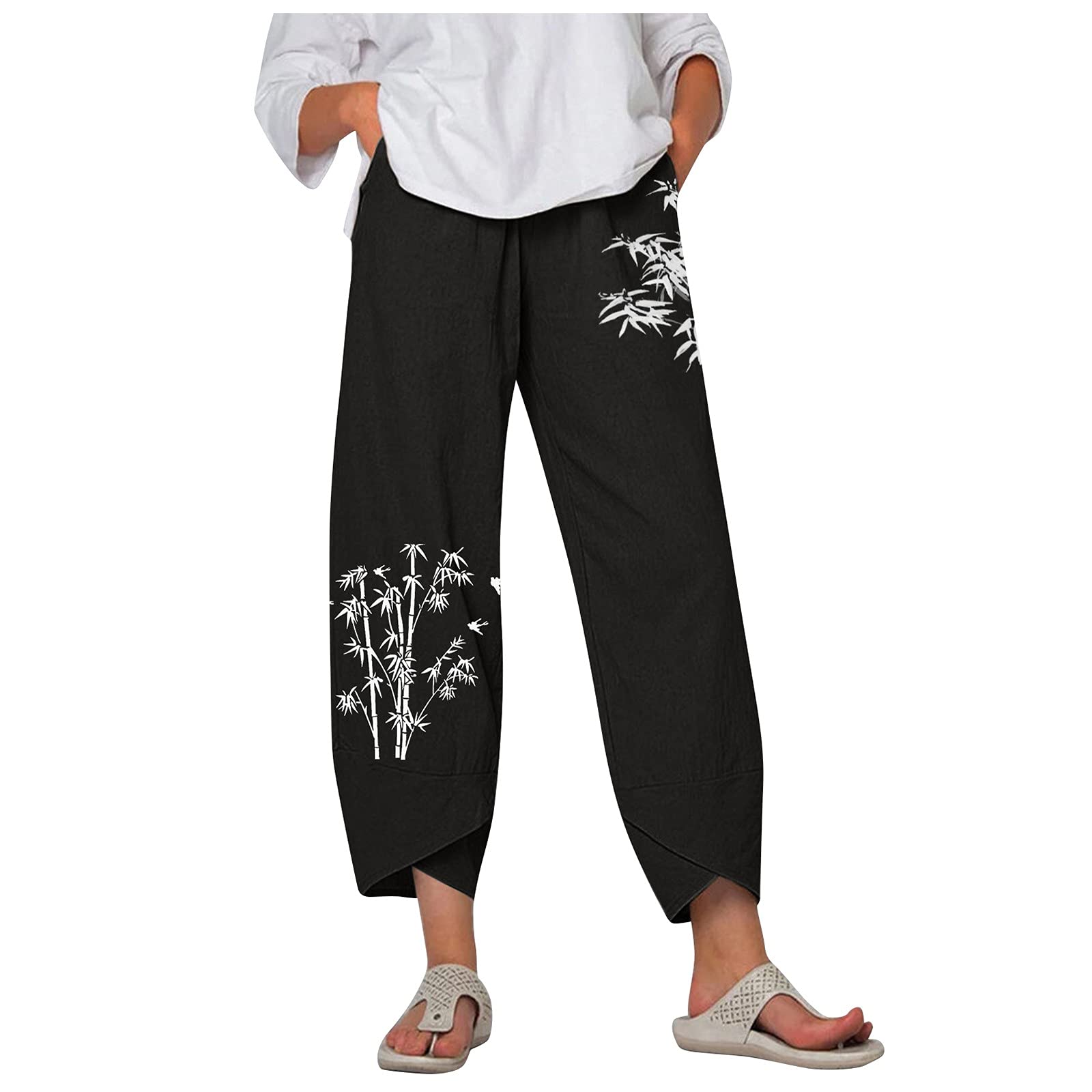 MINGE Summer Capri Pants for Women,Women's Casual Summer Pants Cotton Linen Print Wide Leg Ankle Pants with Pockets