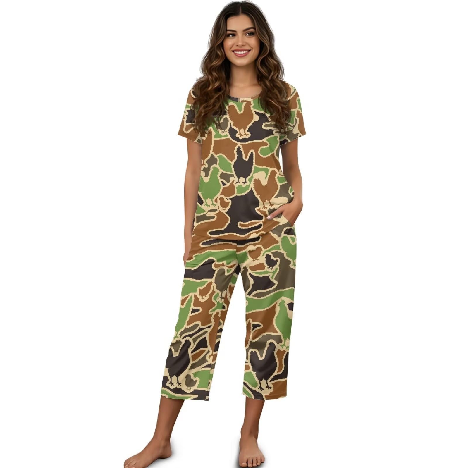 Binienty Ensemble de pyjama 2 pièces pour femme, vêtement de nuit à manches courtes avec pantalon capri et poches, vêtement d'été doux et respirant