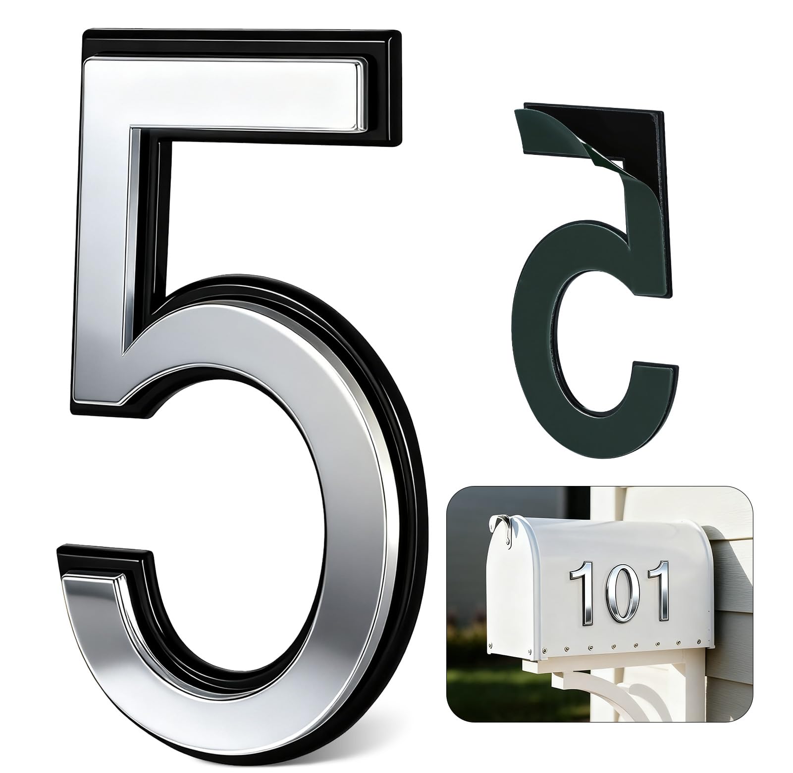 4 Inch Silver House Numbers for Outside, VONDERSO Self-Adhesive Mailbox Numbers with Exclusive Electroplated Finish and Durable ABS Base, for House Plaques, Mailbox, Yard, Garage – Plaque Number ‘5’