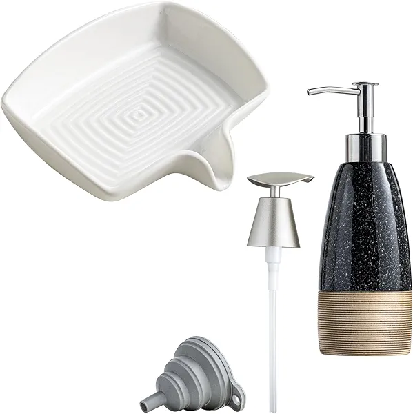 Soap Dish with Waterfall Design & Ceramic Dish Soap Dispenser with Plastic Pump & Stainless Steel Pump