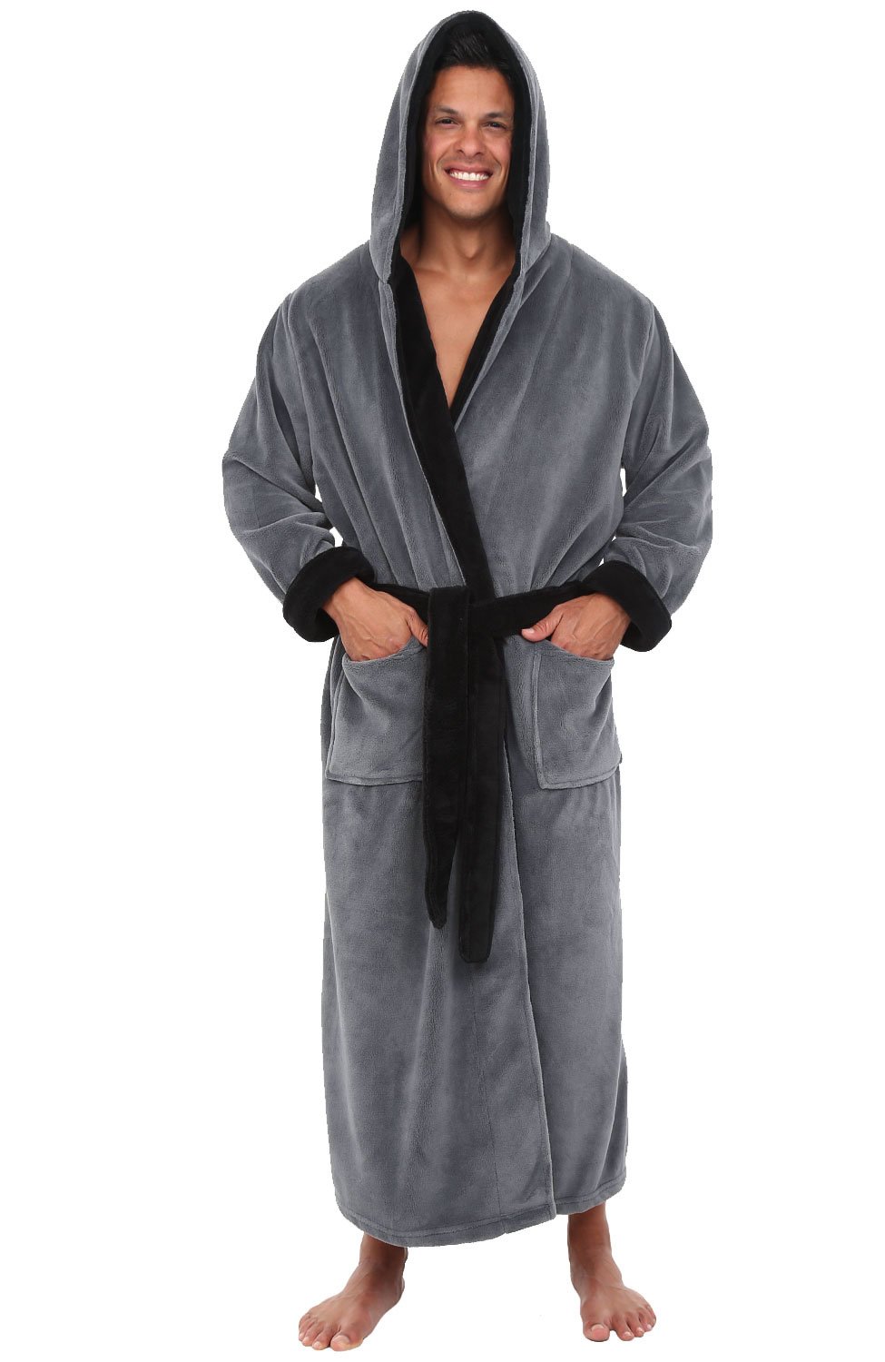 Alexander Del RossaMen's Soft Plush Fleece Hooded Bathrobe, Full Length Long Warm Lounge Robe with Hood