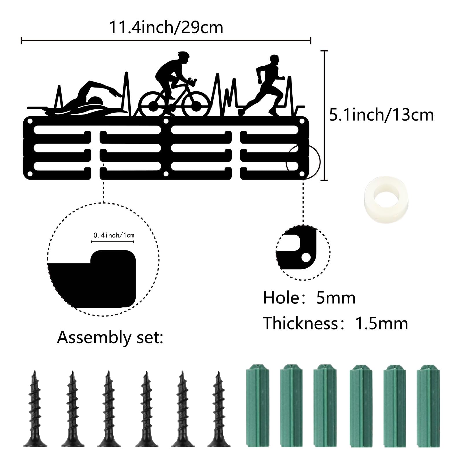 CREATCABIN Porta Medaglie da Triathlon Display Swim Bike Run Appendini per Medaglie Rack Sport Metallo Premi da Appendere Ferro Piccole Decorazioni Premi per Il Nuoto Corsa Uomini Parete Casa 29x13cm