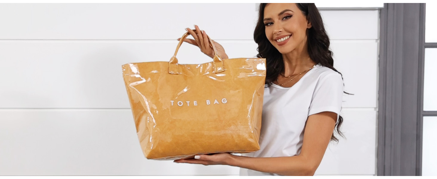 Borsa Tote Lushandy In PVC Trasparente Con Stampa Lettere, Effetto Carta Kraft, Grande, Con Tracolla