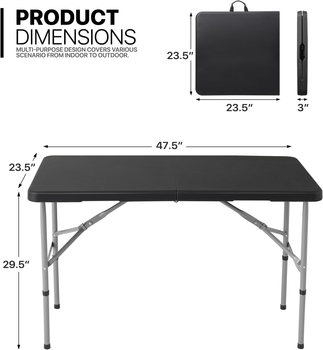 MoNiBloom 4Ft Folding Card Table, Outdoor Foldable Small Portable Plastic Dining Picnic Cookout Table w/Handle, Black
