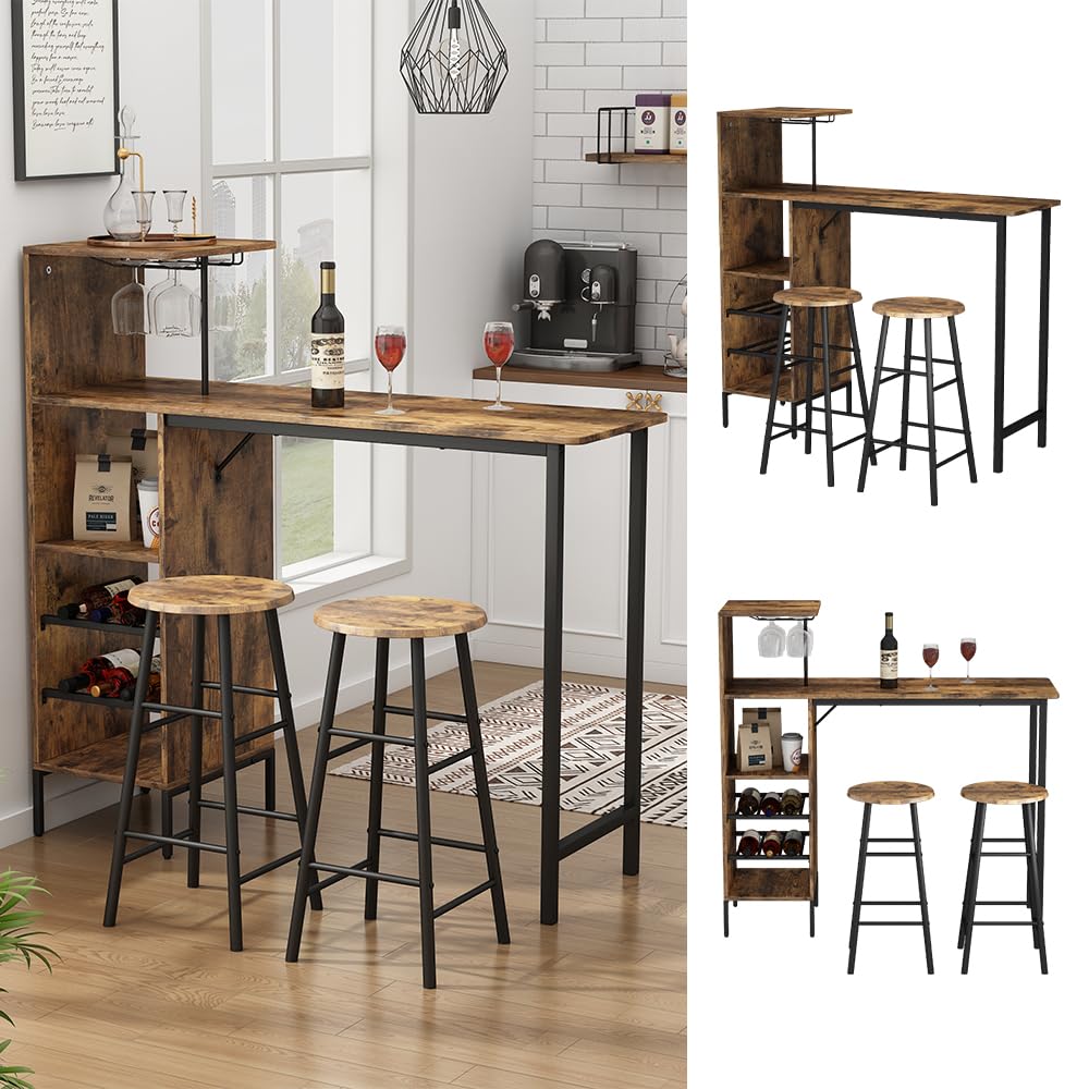 Vicco Set de Table de Bar Fyrk, Noir/chêne Rustique, 121.5x40cm avec 2 tabourets, Convient comme Coin Repas avec Surfaces de Rangement pour Le Stockage