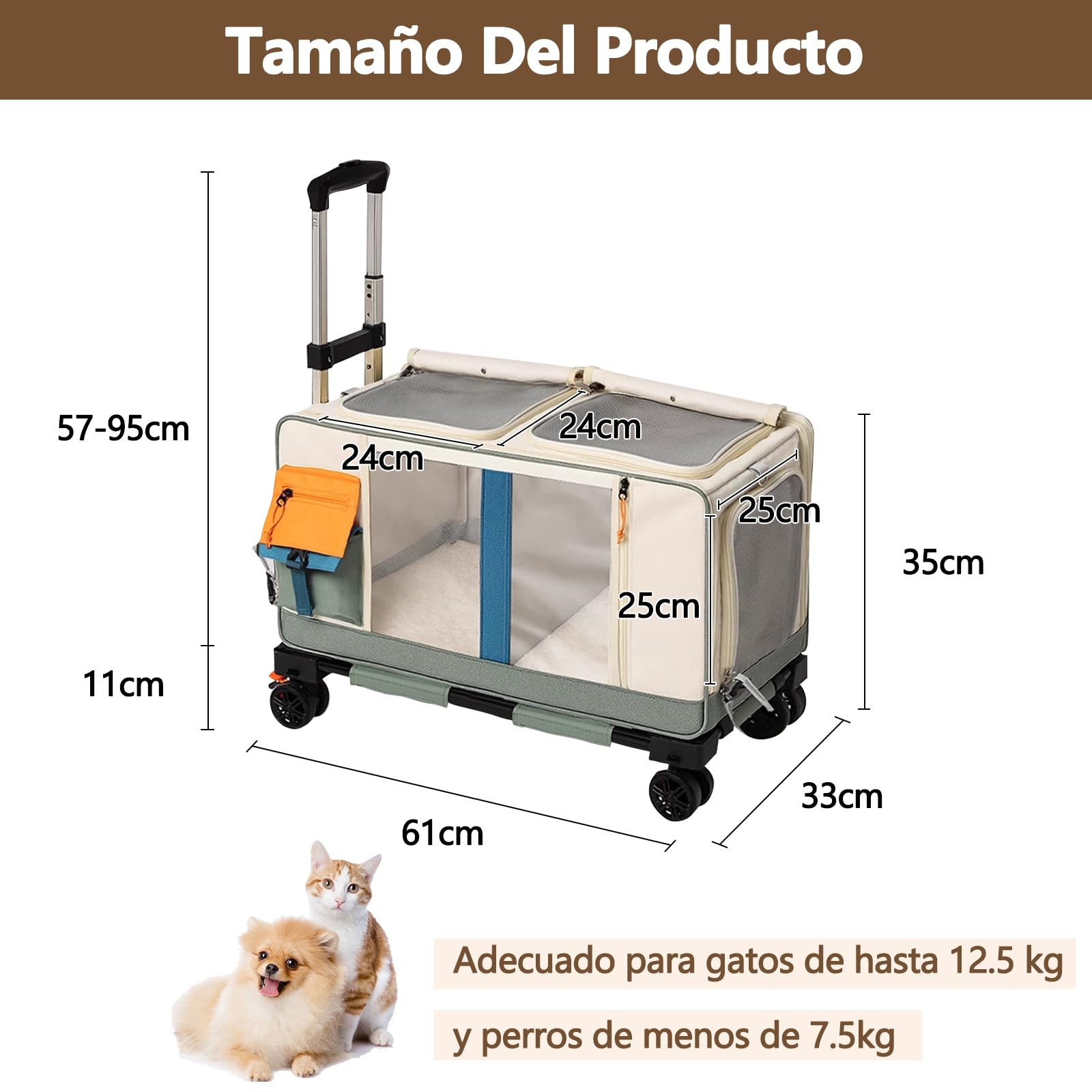 Galatée Cochecito para Mascotas, Mochila para Perros con Ruedas, Bolsa De Viaje 2 En 1 para Gatos, Bolsa Plegable para Perros para Viajes, Camping y Actividades Al Aire Libre(Verde)