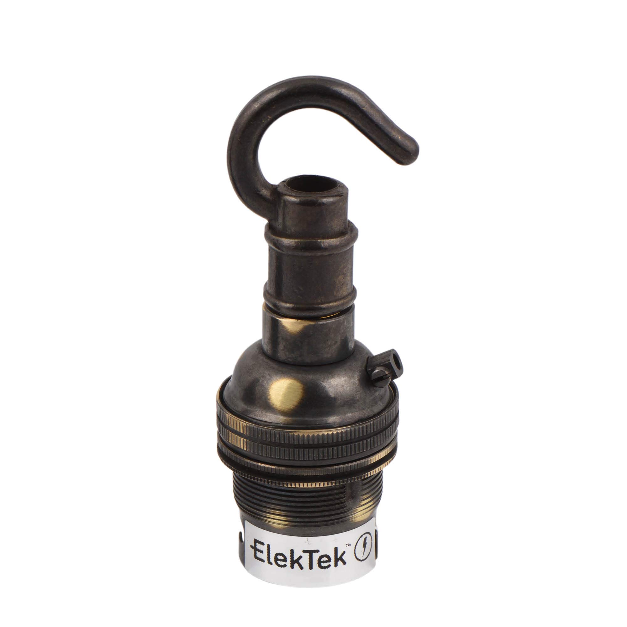 Elektek Brushed Antique Brass Unswitched Lamp Holder B22 Bc Bayonet Cap & Shade Ring With Solid Cast Brass Hook For Ceiling, Bracket Or Chain Suspension - Made In Uk