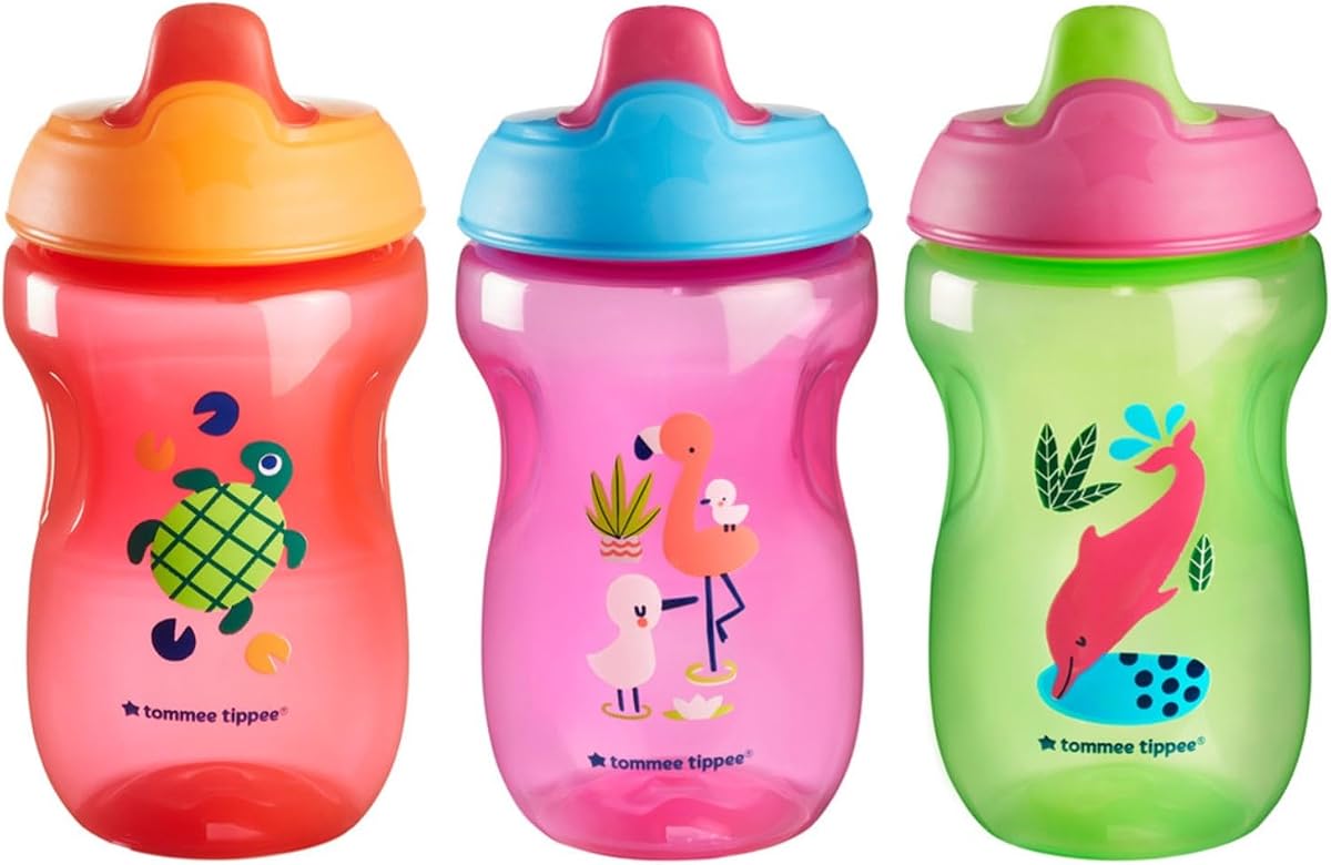 Tommee Tippee Vaso con sorbete para niños pequeños, pico, 9 m+, antiderrames, 10 oz | Paquete de 3, pico resistente a mordeduras, fácil de sostener, a prueba de fugas, rojo, morado y verde, sin BPA