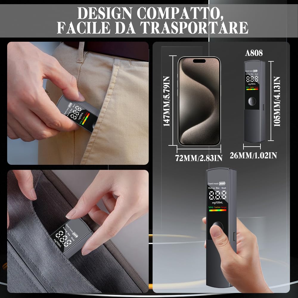 KCVV Etilometro Portatile Certificato, Etilometro Digitale LED Ad Alta Precisione, Non Necessita di Boccaglio, Design Compatto, Ricarica USB, Adatto per Uso Domestico, Professionale e per Feste