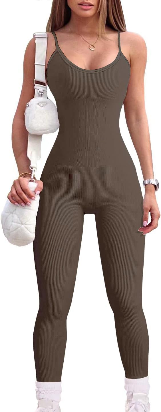 Women Workout Seamless Jumpsuit Yoga Ribbed Bodycon One Piece Spaghetti Strap Leggings Romper