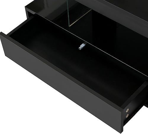 Miniatura 7 de Mesa de centro moderna LED para sala de estar, mesa central de madera de alto brillo de 2 niveles con 2 cajones y estantes de exhibición, mesa de té