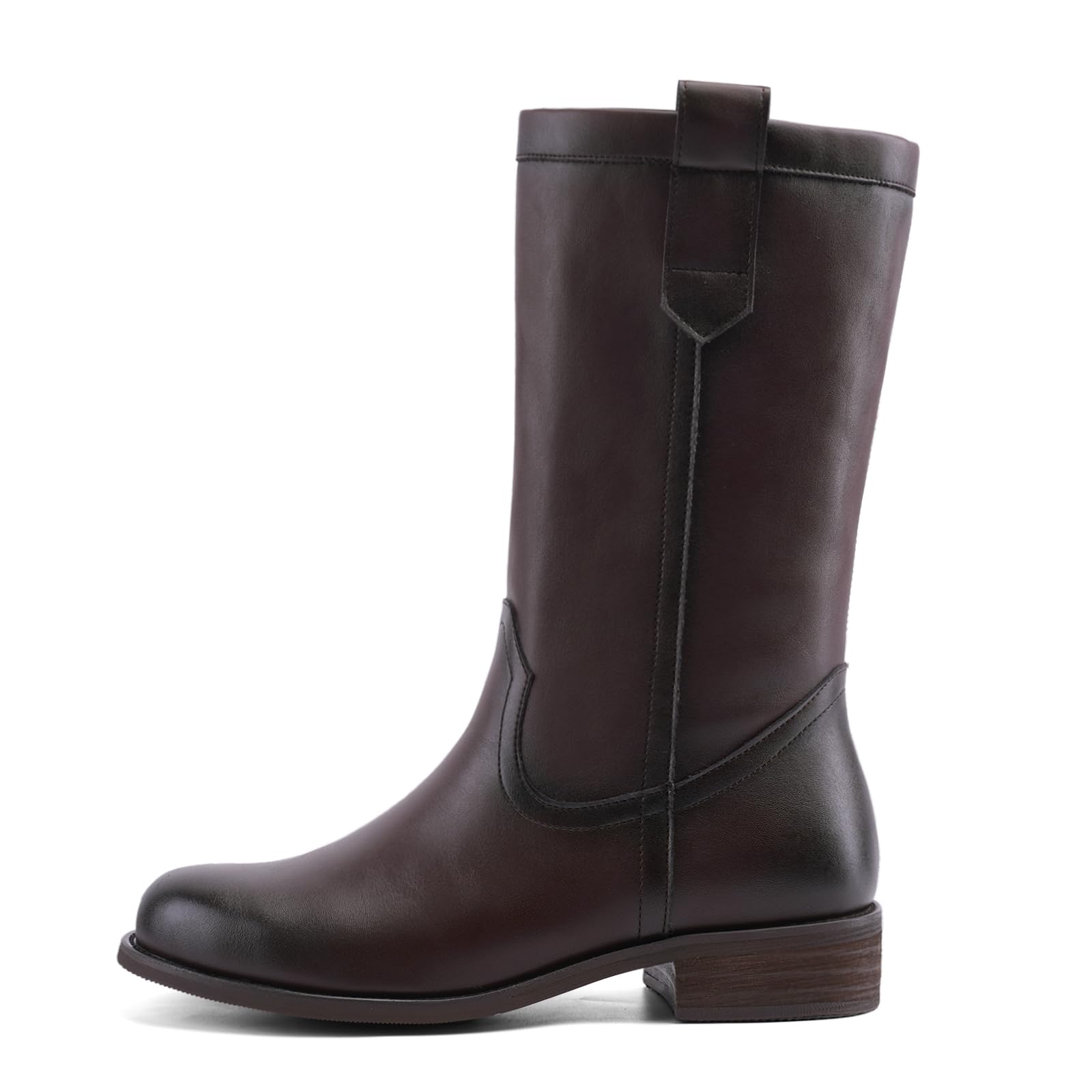 QIV Mid Calf Boots for Women Pull On Chunky Heel Round Toe Campus Casual Comfortable Fall Riding Boot