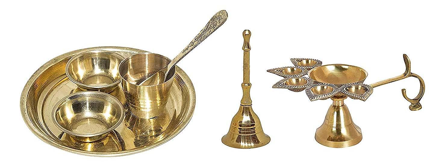 Buy DEXO Pooja Items Pure Brass Combo of 3 Set, Akhand Jyot 5 Face