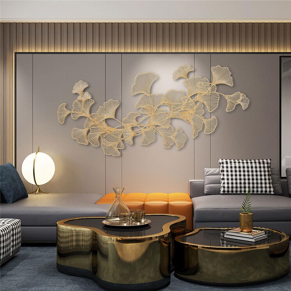 EurHomePlus Ginkgo Hojas Decoración de Pared 3D Metal Decoración de Pared 120 x 57 cm Salón Dormitorio Comedor Decoración de Pared en Oro