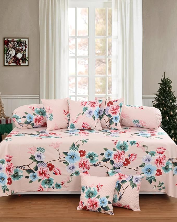 Premium Diwan 8 Pieces 100% Cotton Feel Light Pink Flower Printed Qulited Cushion Designer Standard Diwan Set (1 Single Bedsheet, 2 Bolster Covers, 5 Qulited Cushion Covers) (Light-Pink)-image-0